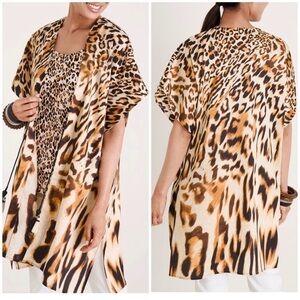 Chico's Animal Print Brown Tan Oversized Tunic Kimono Cover-Up‎ L/XL Resortwear